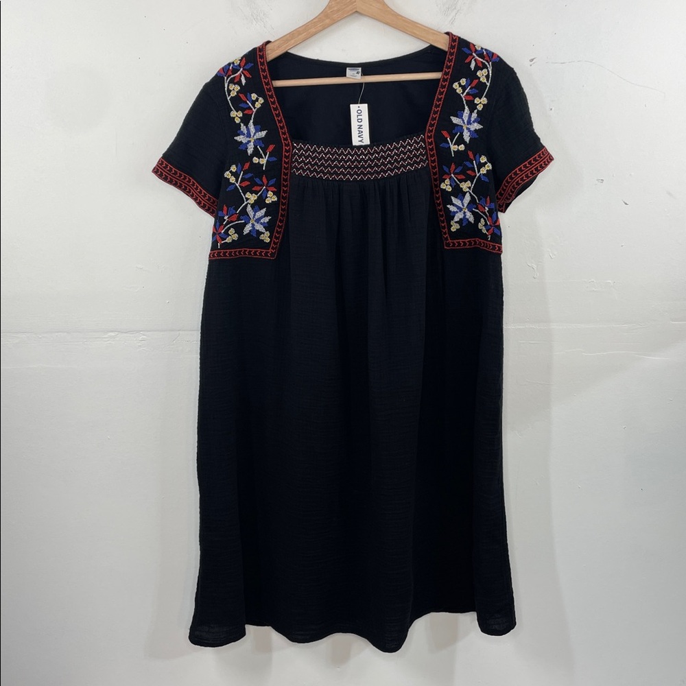 Old Navy Black Mini Dress with Multicolor Floral Embroidery boho size Medium
